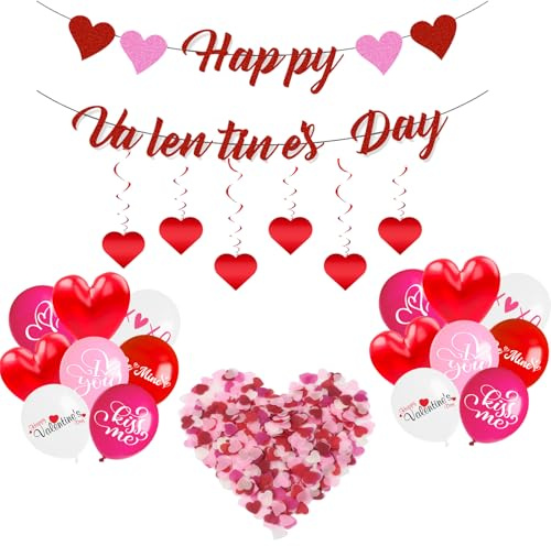 24PCS Valentines Decorations Suit Red Heart Balloons Happy Valentines Day Banner Red Heart Shaped Pendant Romantic Decorations Valentine'S Day Party Decoration Wedding Supplies Accessories