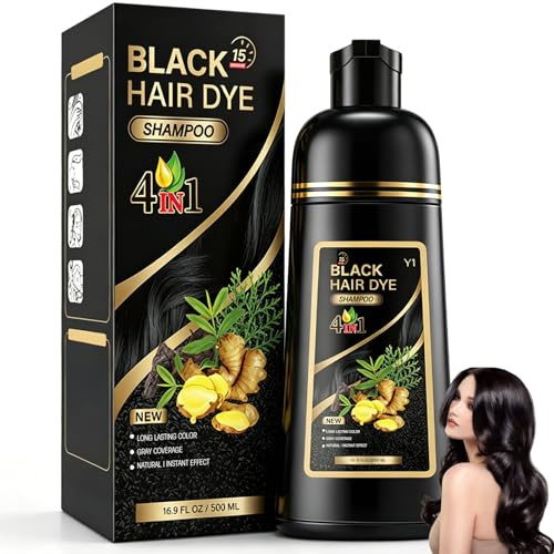 500 ml Hair Dye Shampoo 4 en 1,Champú para teñir el cabello, –per capelli grigi, Cobertura De Canas En En Minutos para Hombres Mujeres-Negro