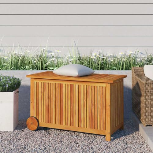 Zentexion Trädgårdskista med hjul 90 x 50 x 58 cm av robust akaciaträ, vattenavvisande förvaringsutrymme för kuddar, kuddar, filtar, leksaker, väderbeständig, låsbar, perfekt för terrass, balkong
