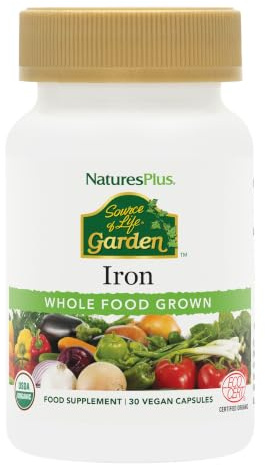 NaturesPlus Source of Life Garden Iron - 30 Quick-Release Capsules - Plant-Based Iron Supplement with 20+ Whole-Food Extracts - Fast Acting - USDA Certified Organic - 30 Servings