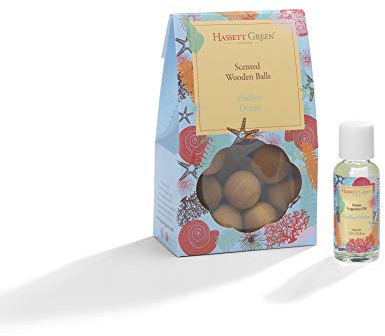 Hassett Green London - Endless Ocean - Scented Wooden Balls Pack of 12 plus 30ml Bottle of Home Fragrance Oil for Refreshing - Alternative to Pot Pourri, Diffusers, Sachets and Drawer Liners