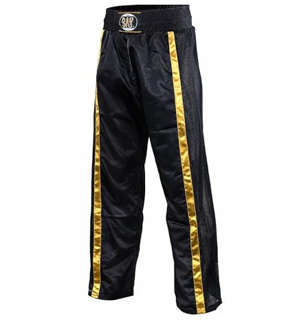 Bay Netz Mesh Kickboxhose Kampfsporthose Schwarz lang Mesh-Netzeinsatz Kontraststreifen in Gold seitlich Polyester Erwachsene Damen Herren Kinder Jungen Mädchen Größe XXL (200)
