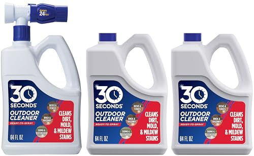 30 Seconds Outdoor Cleaner | Cleans Moss Stains from House, Vinyl Siding, Deck, Patio, Fence - 3 Capped Bottles, 1 Hose End Spray Attachment (64 Fl Oz (Pack of 3)