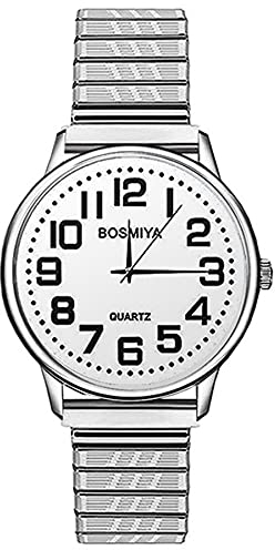 JewelryWe Montre à Bracelet Extensible Homme Grands Chiffres - Montre à Bracelet Elastique Quartz Simple et Élégante Ultra-Clair et Facile à Lire pour Les Personnes Agée et Les Malvoyants