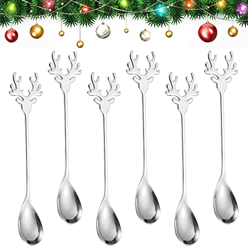 YAANBUNB 6 Pz Cucchiaini da Caffè di Natale Cucchiaino da Dolce Moose Cucchiaio da Dessert in Acciaio Inossidabile 304 Cucchiaini da Caffè Argento per Acqua Tè Latte Caffè Dessert Bevande