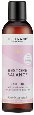 Tisserand - Restore Balance Bath Oil - Perimenopause, Menopause & Menstruation Support for Women - Rose, Clary Sage & Geranium - 100% Natural Essential Oils - 200ml