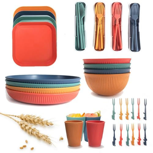 BERRYLION 48Pcs Plastic Dinnerware Sets for 4, Unbreakable Colorful Dinner Dishes, Reusable Lightweight Serving Plates Bowls Cups Forks Tableware Set, Perfect for Camping, Picnic, RV, Parties, BBQ