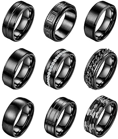 LOAYHOAY 9Pcs 8MM Stainless Steel Band Rings for Men Women Chain Rings Simple Brushed Wedding Engagement Rings Set 7-13 Black Size9