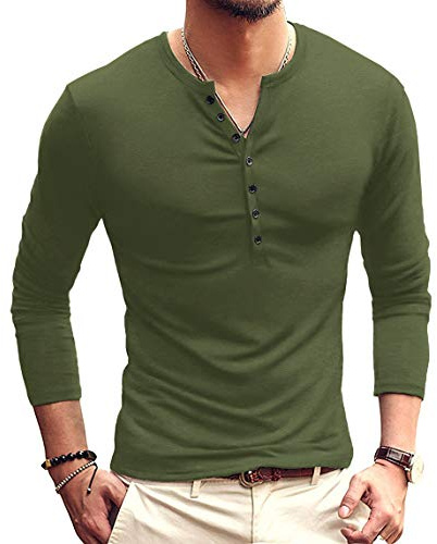 KUYIGO Hombres Henley Camisetas Verano Camisas de Manga Larga Casual Crew Neck tee Tops Básicos L Ejército Verde