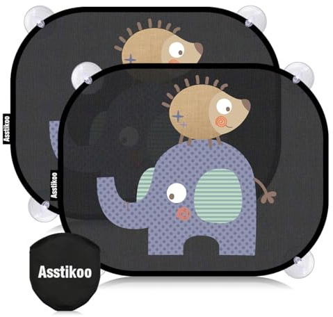 Asstikoo Car Window Shades for Baby with UV Protection, Baby Car Sun Shade, Sun Visor for car, Sunshade for Kids with Cute Animal Motifs, Sun Screen for Car Window Baby,45 x 35.5 cm, Set of 2