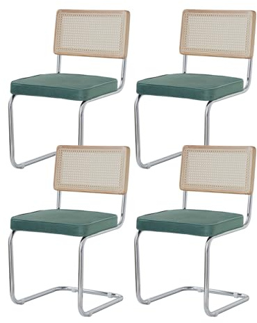 GrandCA HOME Pack de 4 Sillas de Comedor con Respaldo de Caña Natural y Base Cromada de Acero Inoxidable, Sillas de Cocina Tapizadas de Ratán,Verde
