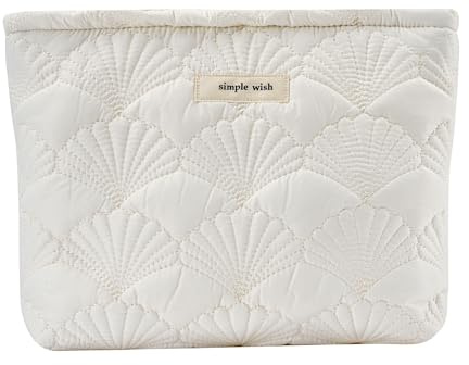 RSRSLEII Quilted Cotton Seashell Makeup Bag, Travel Toiletry Bag, White