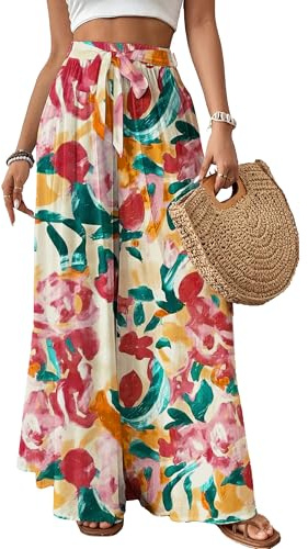 Bsubseach Wide Leg Pants Woman Flowy Floral Palazzo Pants for Women High Waisted Summer Casual Trousers Cruise Outfits Dark Red