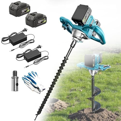 1200W Electric Post Hole Digger - Cordless Fence Post Auger with 2 Batteries, 6 Adjustable Gears, Forward & Reverse Direction, Earth Auger for Garden Planting 60MM