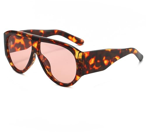 LJCZKA Lunettes de Soleil Rétro Surdimensionnées pour Femmes Hommes Pilote Monture Épaisse Vintage Ovale Enveloppe Lunette Protection UV400 (Léopard Rose)