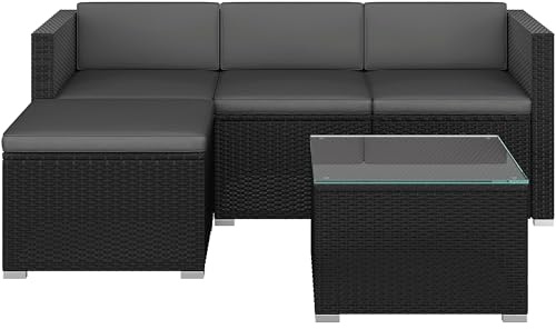 Yaheetech 5 Pieces Patio Furniture Set, PE Rattan Garden Modular Lounge Sofa Set with Tempered Glass Table and Water-Resistant Cushions for Patio, Balcony (Black/Grey)