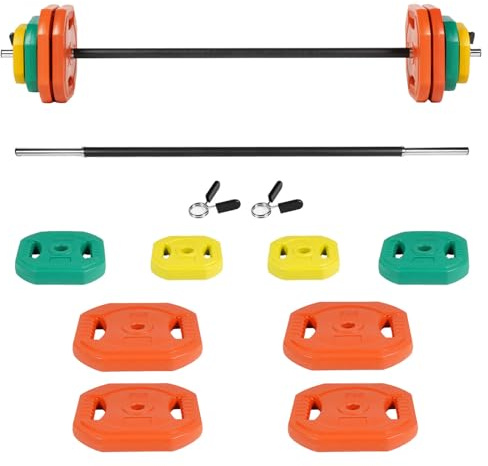 Plástico Barra de Pesas 30 kg,Set de Pesas con Barra, Discos de Colores de 5kg, 2.5 kg y 1.25 kg,Juego de Mancuernas de 30 30kg,Para Entrenamiento Fuerza y Brazos en 30kg(4x5,2x2.5,2x1.25)