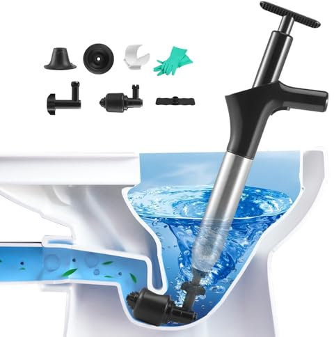 Deboucheur WC, Deboucheur Canalisation Haute Pression Débouche Toilette Air Comprimé avec 4 Différentes Ventouses Piston de Toilette pour Déboucher les Toilettes Baignoire Drain de sol Lavabo (Noir)
