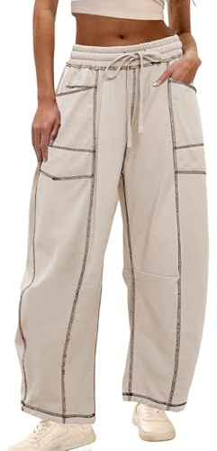 Athlisan Womens Baggy Barrel Pants Wide Leg Lounge Drawstring Sweatpants with Pockets(Khaki-M)