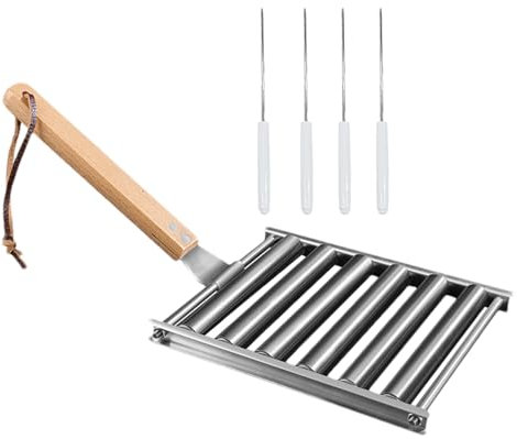 Palaufr Rodillo para salchichas | Accesorios para barbacoa para salchichas y mazorcas de maíz de acero inoxidable con mango de madera | Herramienta de cocina de acero inoxidable con mango de madera
