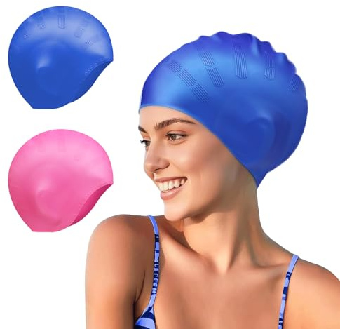 Home-X Swimming Caps for Women Men, 2 Pcs Large Silicone Swimming Cap for Men Women with 3D Ear Protection, Waterproof Swim Cap for Long Hair/Short Hair, Comfortable Elastic Material Swim Hats