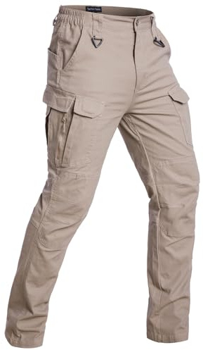 CARWORNIC Pantalon d'extérieur en coton pour homme - Pantalon tactique léger - Pantalon cargo extensible - Pantalon de combat militaire - Pantalon de randonnée, kaki, 32W / 32L