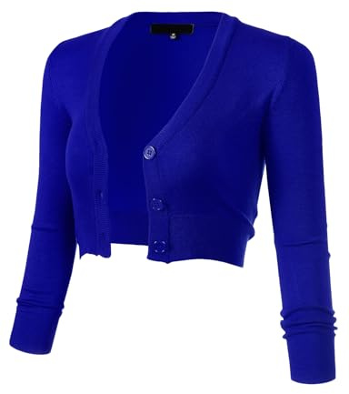 Allsense Women's 3/4 Sleeve Cropped Bolero Shrug Button Down Cardigan Sweater Lightweight Knit, Royal Blue, Large
