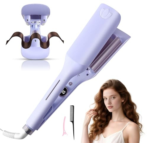 32MM Curling Wand, 3 Barrel Ceramic Hair Waver Crimper with Adjustable Temp (120°C-210°C), Ionic Wavy Deep Waver Curling Iron, Frizz-Free Mermaid Wavers Hair Curler, Anti-Scald & Travel Lock