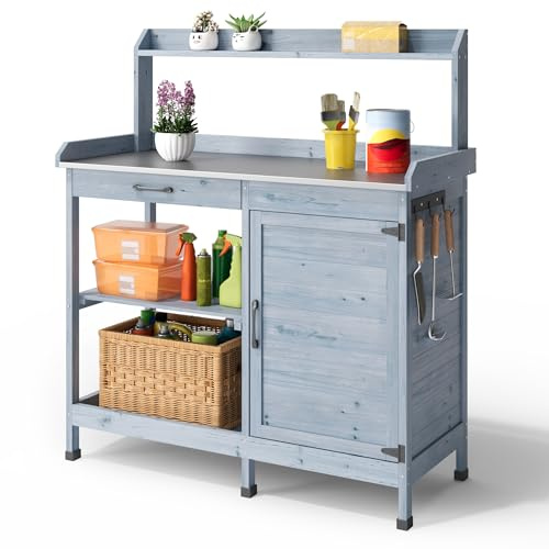 Blishom Table de Jardinage, Table de Plantation avec Tiroirs et Meuble Bas, Table de Travail de Jardin en Bois avec Plan de Travail Galvanisé, pour Jardin, Balcon, Terrasse, 112x46x125 cm, Gris