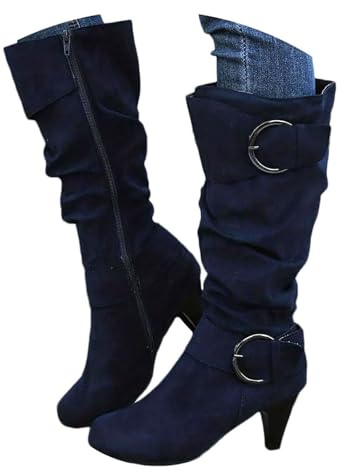 Xbemkste Botas occidentales para mujer, botas largas con tacón, de ante, holgadas, botas anchas, vintage, botas altas hasta la rodilla, cálidas, botas de invierno, botas de equitación, marine, 41 EU