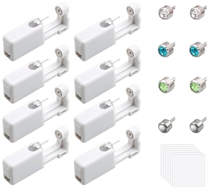 AFIODA Ear Piercing Gun Kit, 8 Pcs Painless Self Ear Piercing Kit, Disposable Sterile Ear Piercing Tool Set with Stud Earrings, Safe Home Use Piercing Kit for Women Men Girls Boys