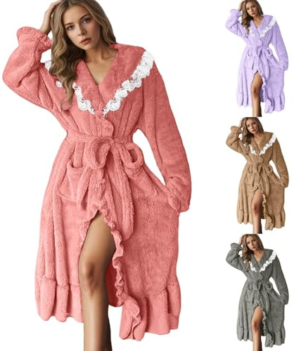 Peignoirs Femme Polaire Long Épais Grande Taille Peignoir de Bain Avec Capuche Chic Robe Chaud Automne Hiver Loisirs Robe de Nuit Maison Bathrobe pyjama Cadeau pour Noël, Saint Valentin, Anniversaire