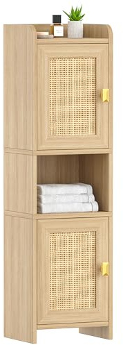 Akxomel Rattan Small Bathroom Cabinet with 2 Doors, 7.9''D x 9.8''W x 34.8 H Narrow Floor Cabinet with Adjustable Shelf, Bathroom Organizer for Small Spaces, Wooden Corner Unit, Natural Oak