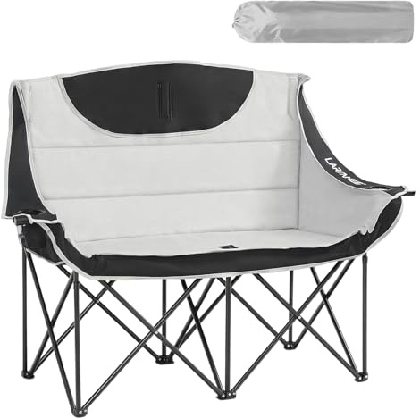 LARMNEE Chaise de Camping Pliable, 2 Porte-Gobelets et Sac de Rangement, Canapé Rembourré 2 Places de 50 cm de Large, Supportant 200 kg, pour Pêche, Pique-Nique, Plage, Pelouse, Gris et Noir EBG03LC02