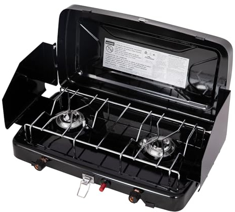 FineFlame Camping Stove, 2 Burners Propane Portable Camp Stove with Regulator, Push-Button Instant Ignition, Adjustable Burners & Wind Guards for Car BBQ Picnics Outdoor Cooking