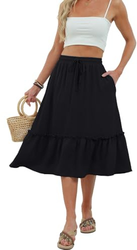 Kfnire Faldas Mujer Verano Cintura Alta Elástica Falda Midi Mujer con Bolsillo para Uso Diario Informal Vacaciones (Negro, S)