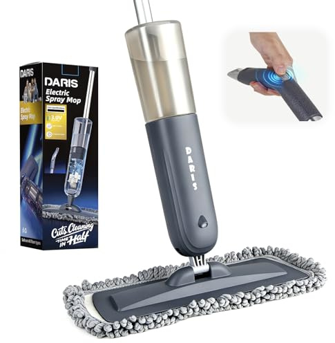 Trapeador eléctrico con pulverización, fregona plana para limpieza de suelos con 2 almohadillas de repuesto reutilizables y 1 botella recargable de 700 ml, funciona con pilas con limpieza profunda