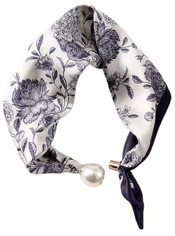 Genérico Bandana vintage pour femme avec collier de perles avec fermeture magnétique, écharpes carrées pour tête et cou, foulard bandana, aspect soie, grand motif carré satiné ornement