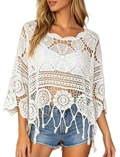 Crochet Tops for Women UK Sexy Hollow Out Crochet Top Casual Short Sleeve Jumper Summer Knit Sweater Cover Up Pullover Lightweight Oversized Streetwear Baggy Y2K Tops