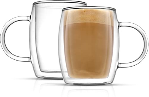JoyJolt Double Wall Glasses 13.5-Ounce Insulated Mugs Double Walled Glass Cups For Coffee Tea Set of 2
