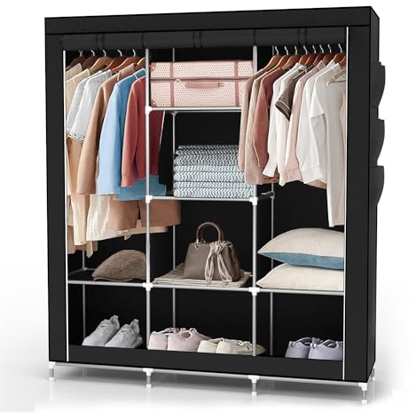 INTIRILIFE Faltschrank 130x175x45 cm in Raben SCHWARZ - mit Reißverschluss Stoffschrank Kleiderschrank mit Kleiderstange, Fächern und Seitentasche - Camping Steckschrank Textil Garderobe