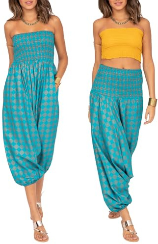 likemary Harem Pants Women 2-in-1 Strapless Jumpsuit - Turquoise & Gold