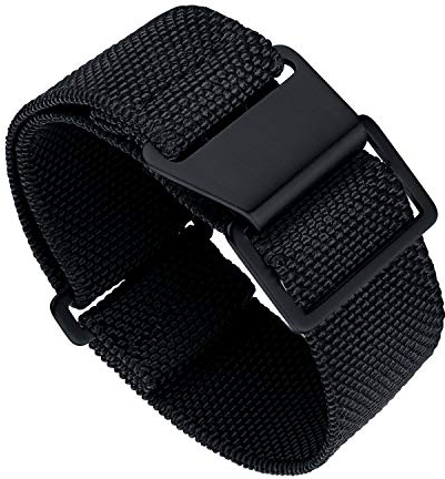 BINLUN Elastisch Nylon Uhrenarmband 18mm 20mm 22mm Parachute Marinetaucher Fabric Stoff-Armbänder Militär Ersatzband für Uhr Damen&Herren - Upgrade Hakenverschluss(Schwarz, Schwarze Schnalle,22mm)