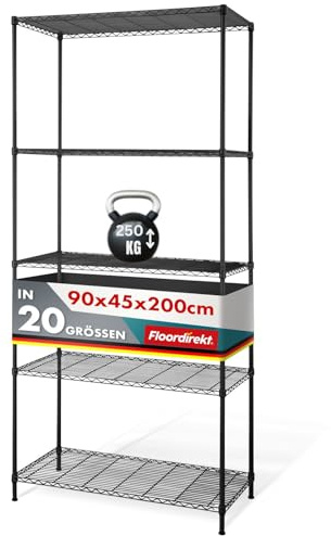 Scaffale con Ripiani a griglia Rocky | in Metallo | Portata Circa 50 kg per ripiano | Sistema di superfici d’appoggio Multifunzionale (90 x 45 x 200 cm, Colore Nero)
