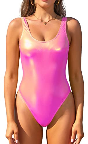 SHEKINI Glänsande metallisk baddräkt för kvinnor med rund hals rygglös baddräkt i ett stycke, rosa, L, Färg: rosa, L