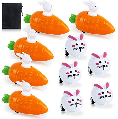 GWAWG Wind-Up Bunnies with Carrot, Pack of 10 Easter Wind-Up Toy, Easter Bunnies Wind-Up Car Toy Carrots, Easter Gifts for Children Boys and Girls