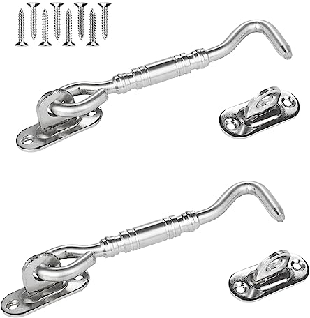 Sturmhaken Edelstahl 2 Stücke Kabinenhaken 4 Zoll Helter Locking Türschloss Fensterhaken mit Öse Platten und Schrauben für Schiebetürfenster Scheunentor Türen Garagentor, Silber