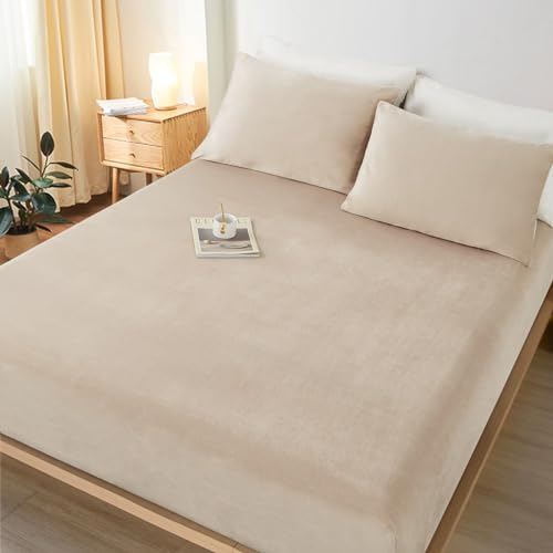 Lanqinglv Flanell Spannbettlaken Bettlaken 140x200 cm bis 25-35 cm Steghöhe Boxspringbett Topper Flauschige Warme Samt Boxspringbett Spannbetttuch Leintuch Cashmere Touch,Haferflocken Beige