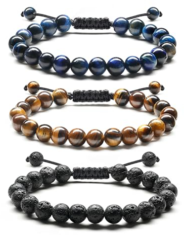 Adramata Perlenarmband Herren - 8MM Lavastein Tigerauge Verstellbares Geflochten Set Schwarz Naturstein Schmuck - Geschenk für Männer
