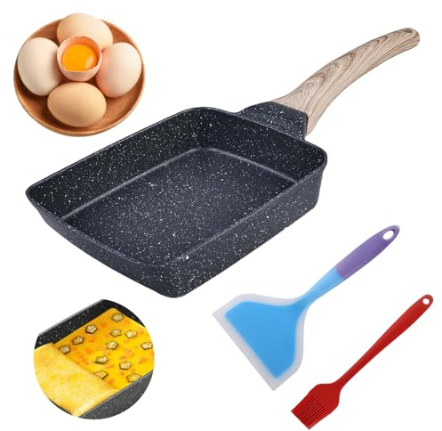 HOMURY Sartén Tamagoyaki con Espátula y Pincel de Silicona: Sartén Japonesa Antiadherente para Todo Tipo De Cocina, Negra, 18 x 15 cm